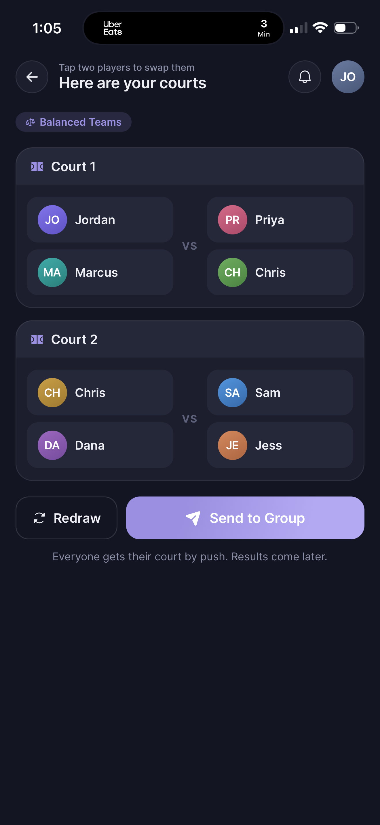 CourtDraws balanced court draw — Court 1 and Court 2 line-ups, with Redraw and Send to Group