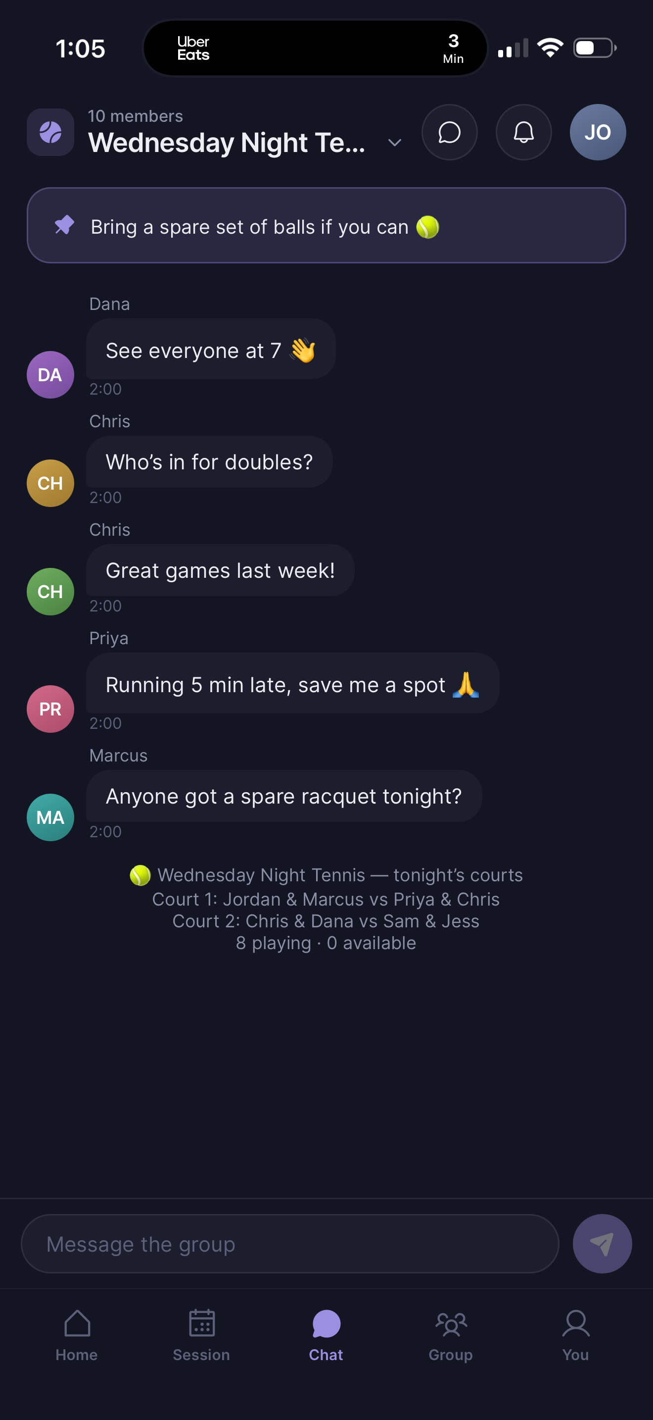 CourtDraws group chat with tonight's courts auto-posted as a message